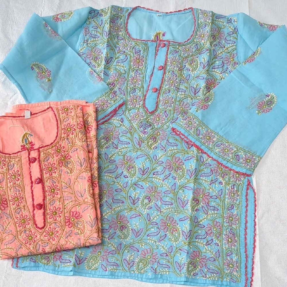 Embroidered Blue and Peach Kurta Set